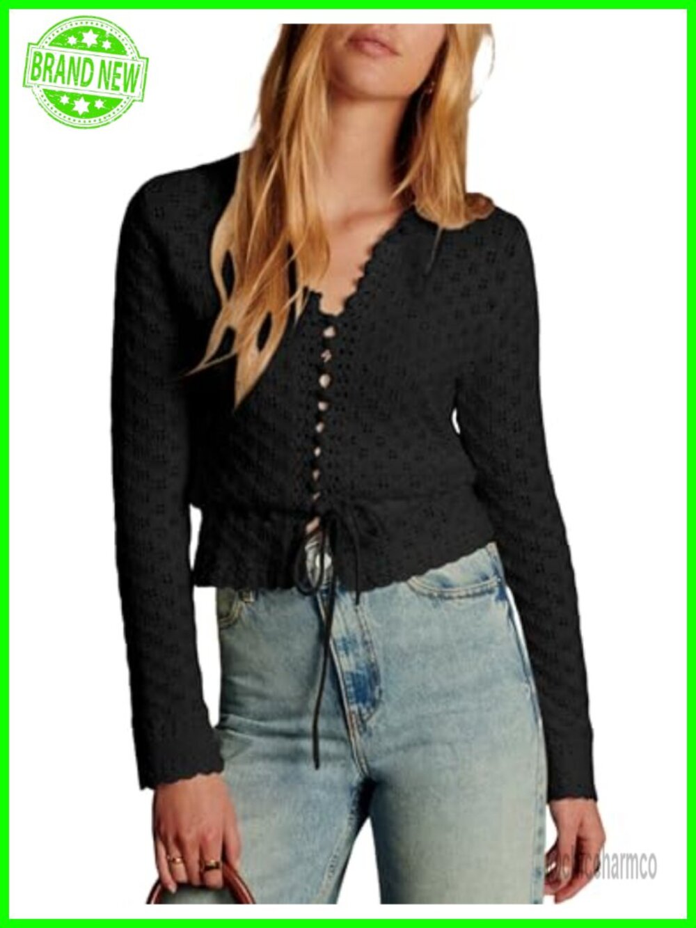 Womens Long Sleeve Crochet Cardigan Tie Front Cotton Knit Sweater
